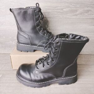 Skechers Black Leather Chunky Combat Moto Biker Boots Womens 6.5 Goth Grunge VTG